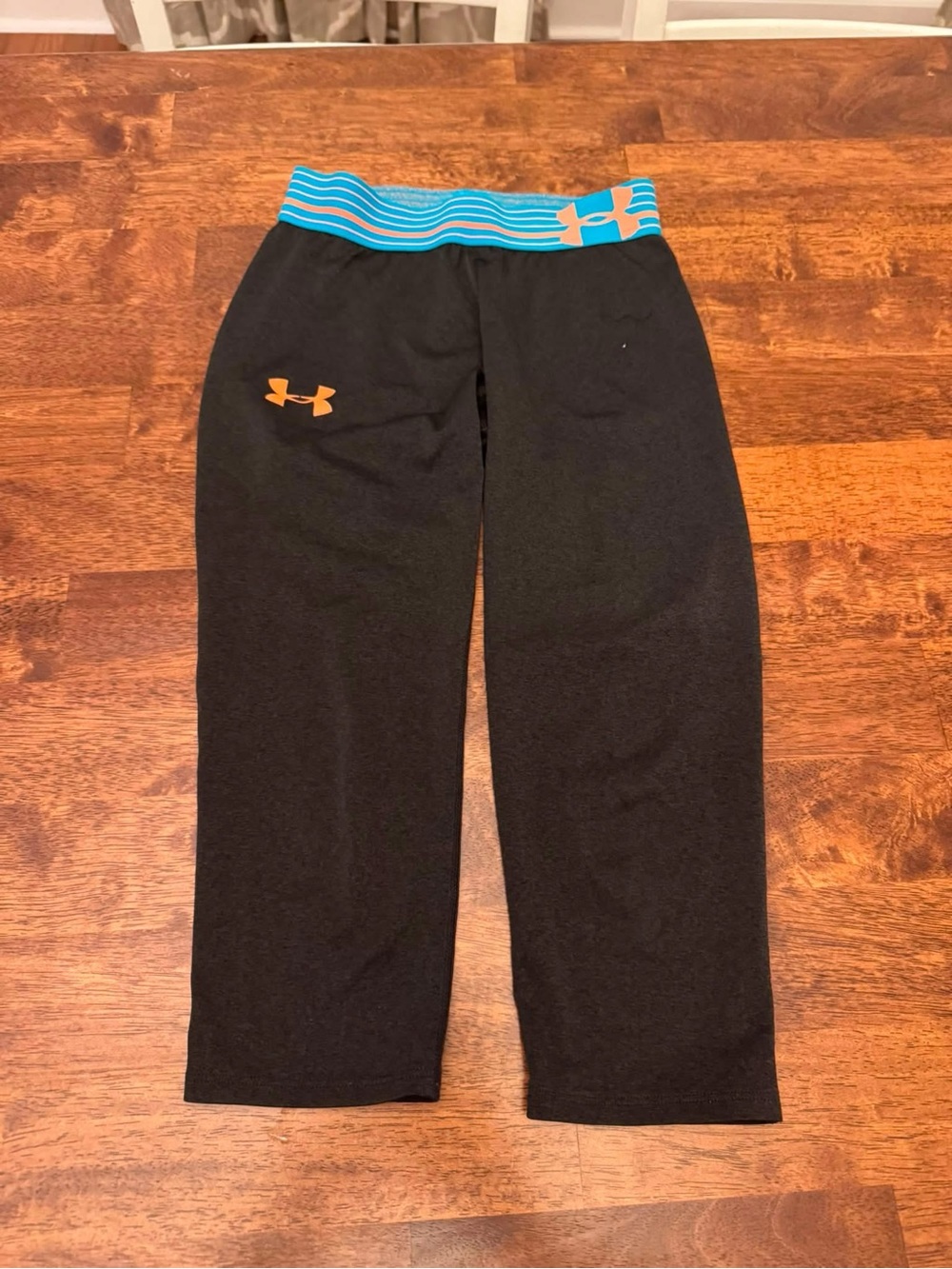 Under Armour Black Leggings with Blue Striped Waistband and Orange Logo